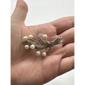 Vintage Estate Bouquet Silver Tone Brooch Pin Aurora Borealis Rhinestone Pearl